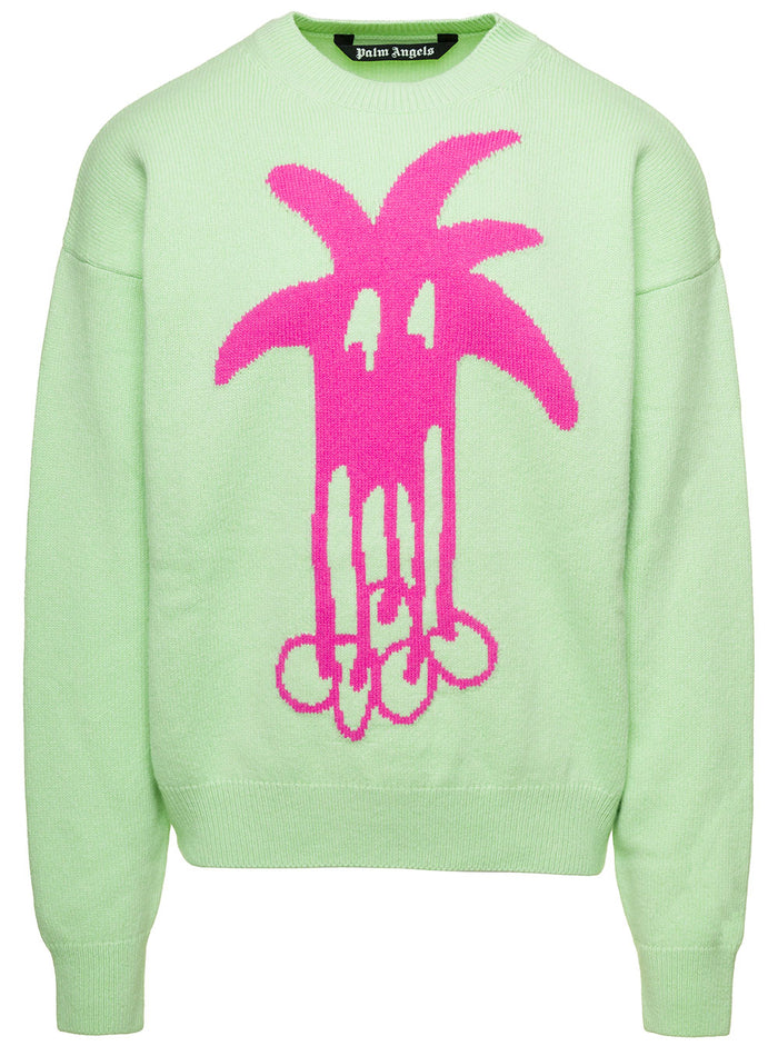 Green Jumper With Contrasting Maxi Drawing Wool Blend Man Jersey