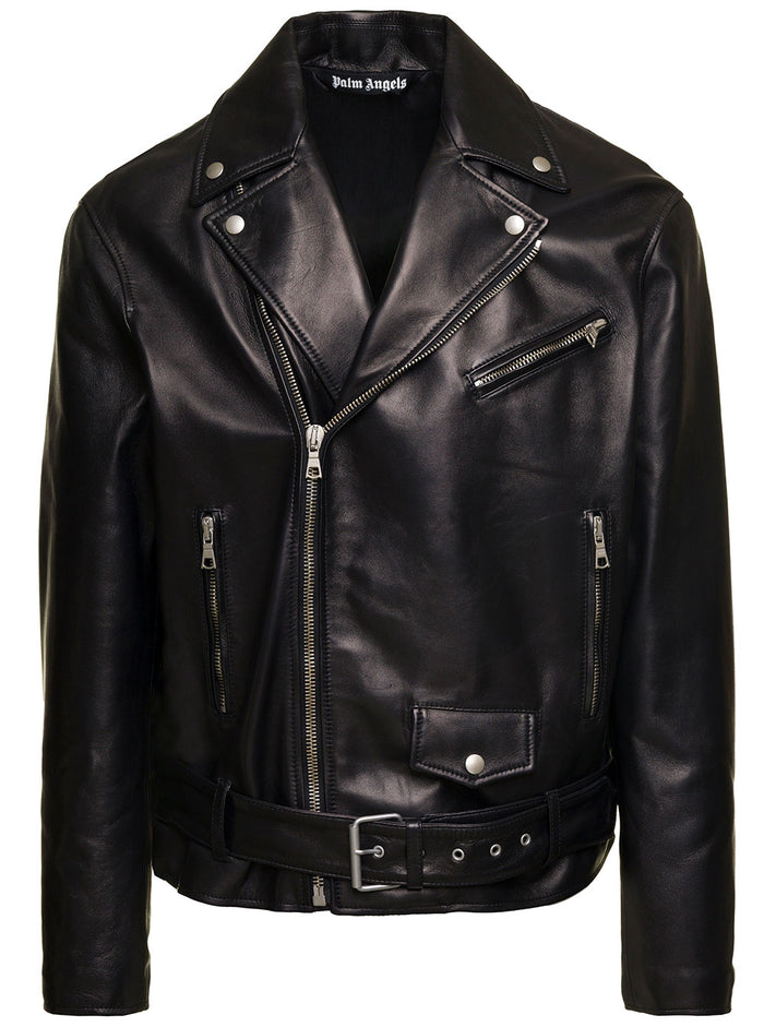 Sleek Leather Biker Black Outerwear