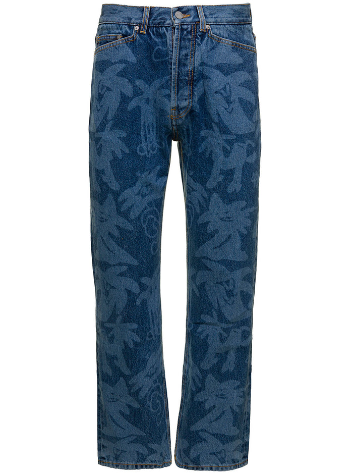 Blue Palmity Jeans With All-Over Palm Print Cotton Denim Man Blu