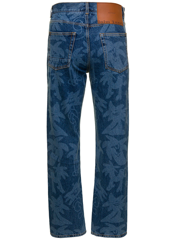 Blue Palmity Jeans With All-Over Palm Print Cotton Denim Man Blu