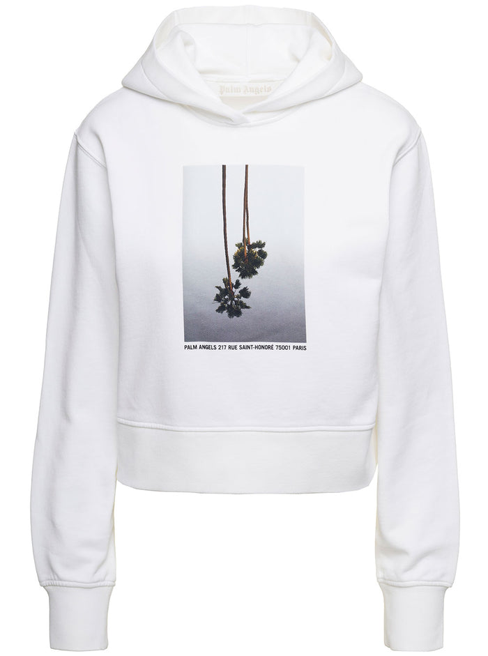 White Cropped Hoodie And Contrasting Print Cotton Woman Sweatshirts