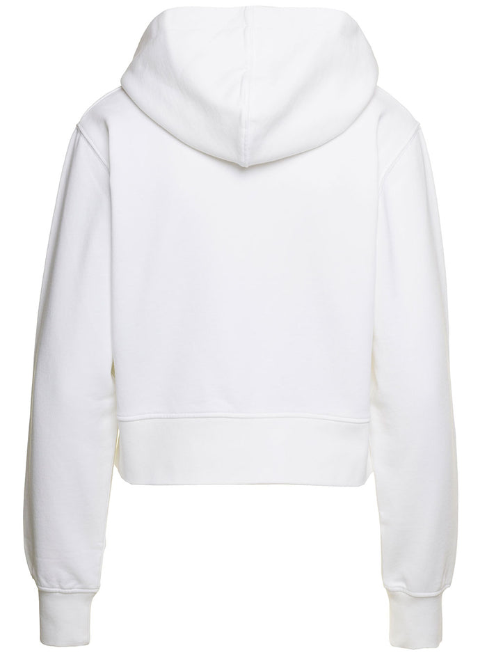 White Cropped Hoodie And Contrasting Print Cotton Woman Sweatshirts