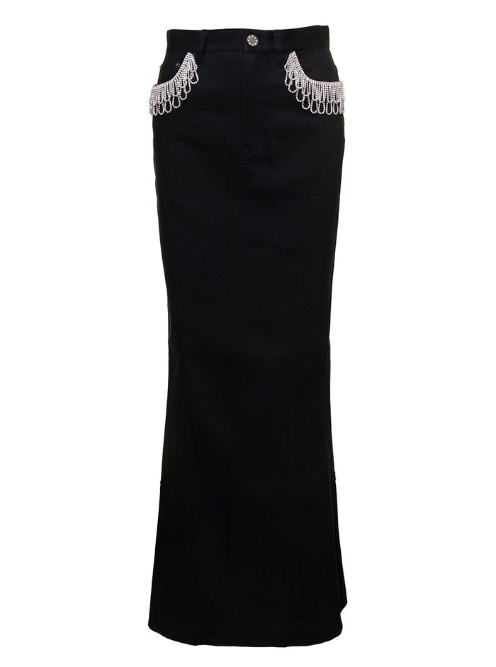 Black Maxi Skirt With Jewel Details Along The Pockets Cotton Denim Woman