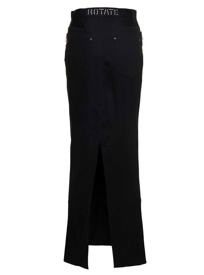 Black Maxi Skirt With Jewel Details Along The Pockets Cotton Denim Woman