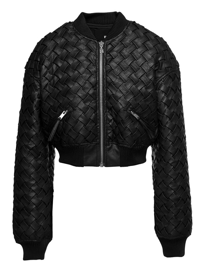 Black Cropped Bomber Jacket Braided Faux Leather Woman Polyurethane