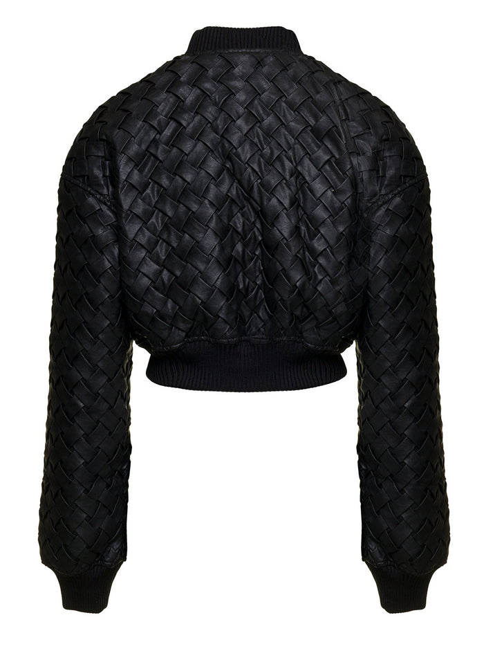 Black Cropped Bomber Jacket Braided Faux Leather Woman Polyurethane