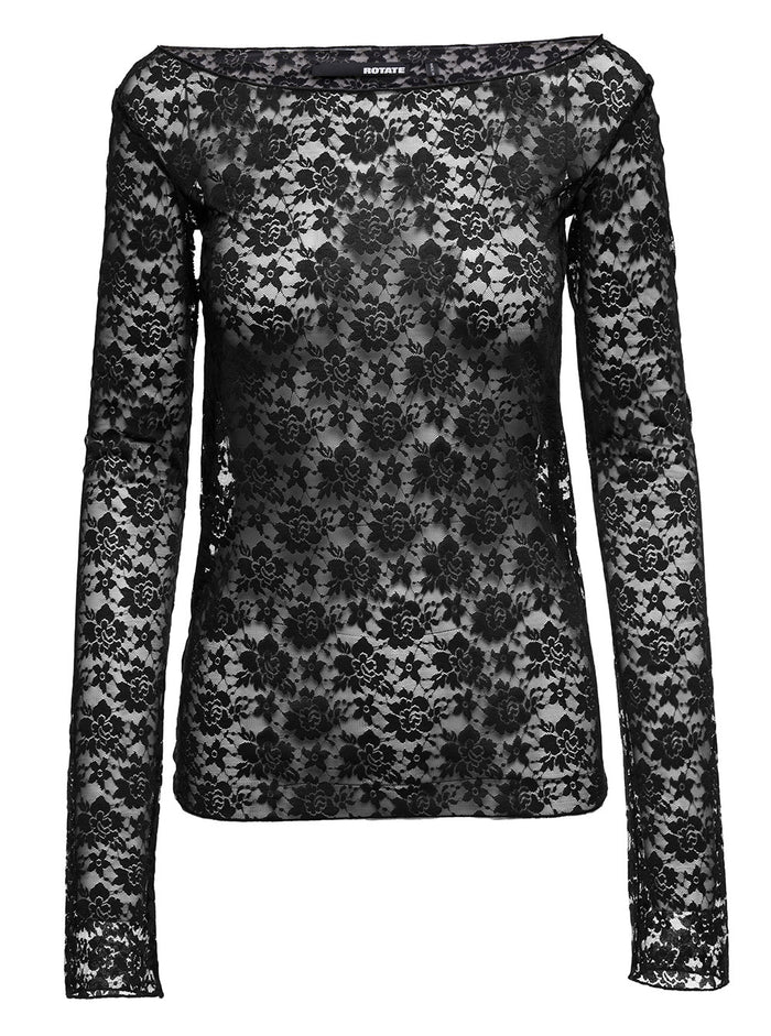 Black Long Sleeve Top With Boat Neckine Lace Woman Polyester Elastan Tops