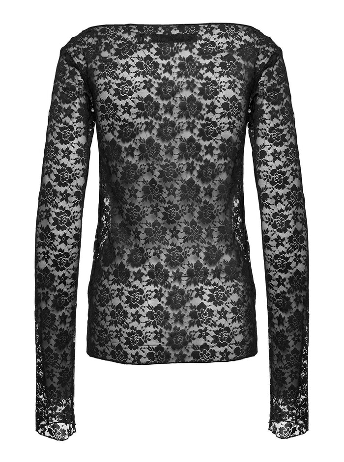 Black Long Sleeve Top With Boat Neckine Lace Woman Polyester Elastan Tops