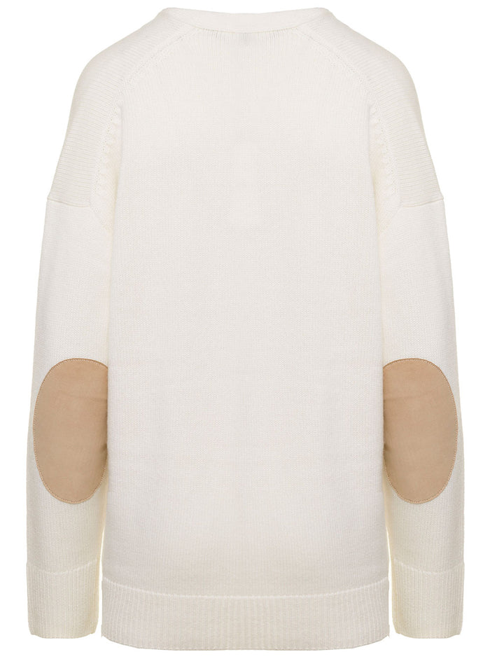White Maxi Cardigan With Buttoned Fastening And Suede Detail Wool Woman Cashmere Jersey