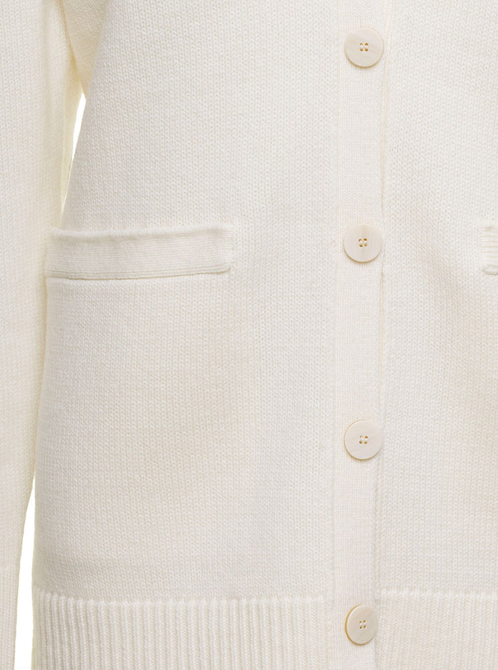 White Maxi Cardigan With Buttoned Fastening And Suede Detail Wool Woman Cashmere Jersey