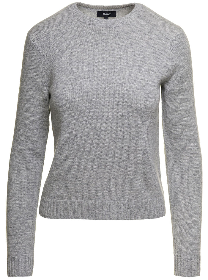Grey Basic Long-Sleeved Crewneck T-Shirt With Cuffs Wool Blend Woman Cashmere Jersey