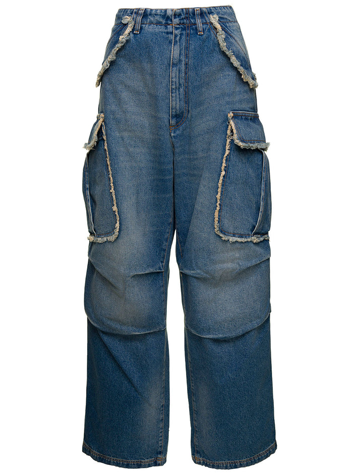 Vivi Light Blue Oversized Cargo Jeans With Patch Pockets Cotton Denim Woman Blu