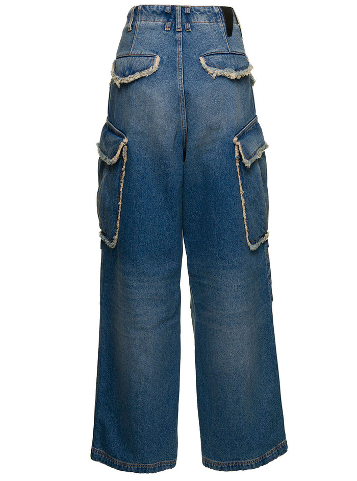 Vivi Light Blue Oversized Cargo Jeans With Patch Pockets Cotton Denim Woman Blu
