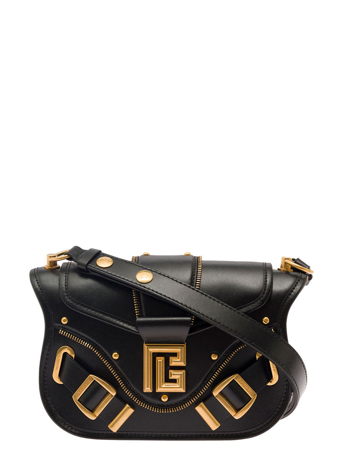 Blaze Black Shoulder Bag With Decorative Zip And Maxi Logo Smooth Leather Woman Calf Crossbody