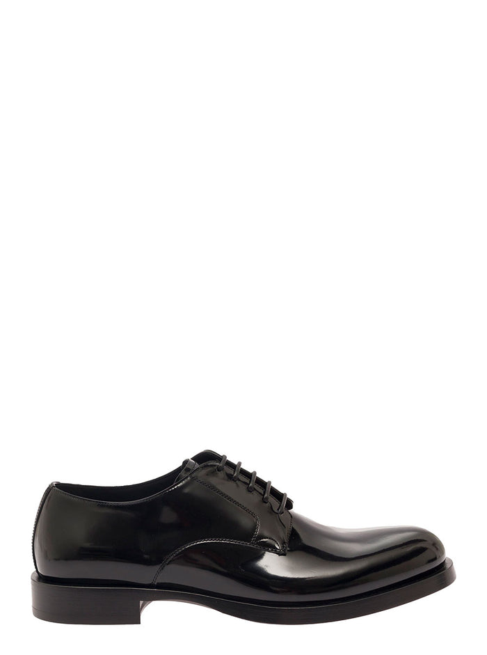 Black Derby Shoes With Branded Outsole Polished Leather Woman Lace