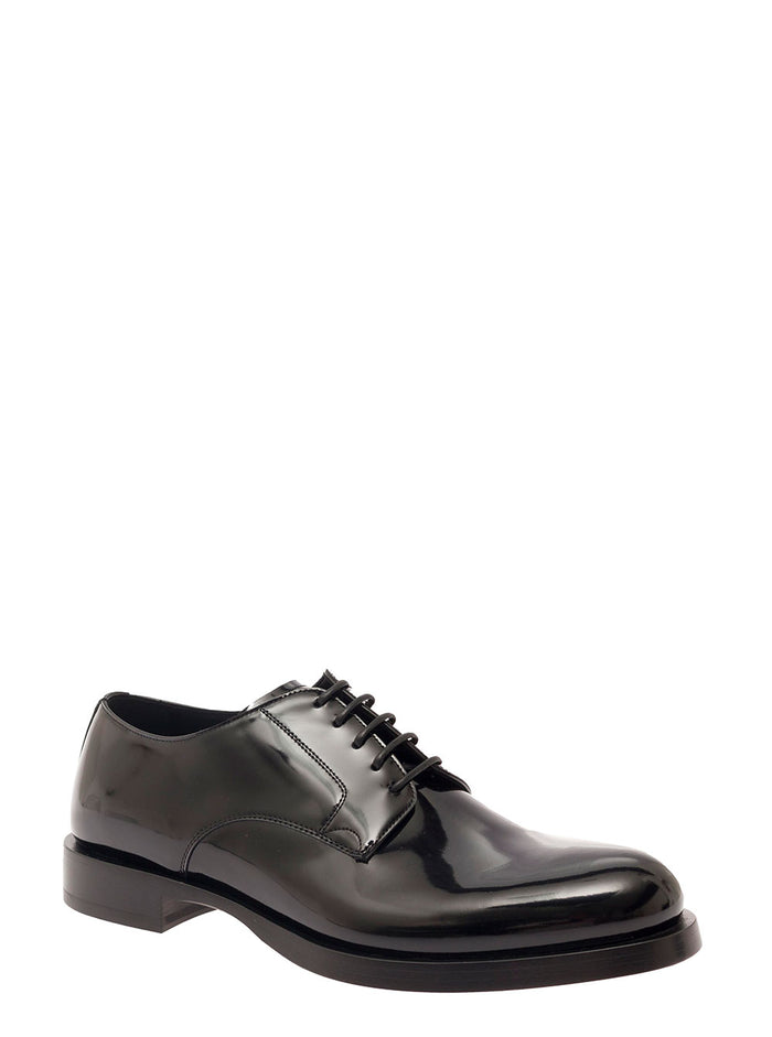 Black Derby Shoes With Branded Outsole Polished Leather Woman Lace