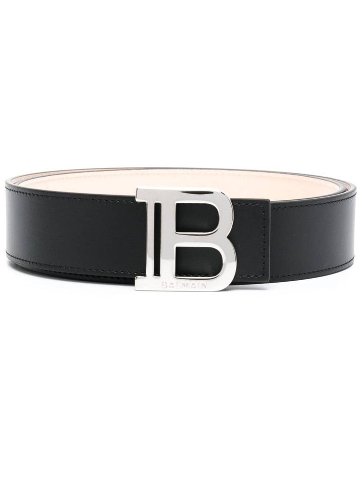 B-Belt Black Belt With Silver-Colored Metalware Leather Man Calf