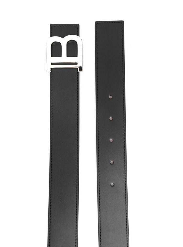 B-Belt Black Belt With Silver-Colored Metalware Leather Man Calf
