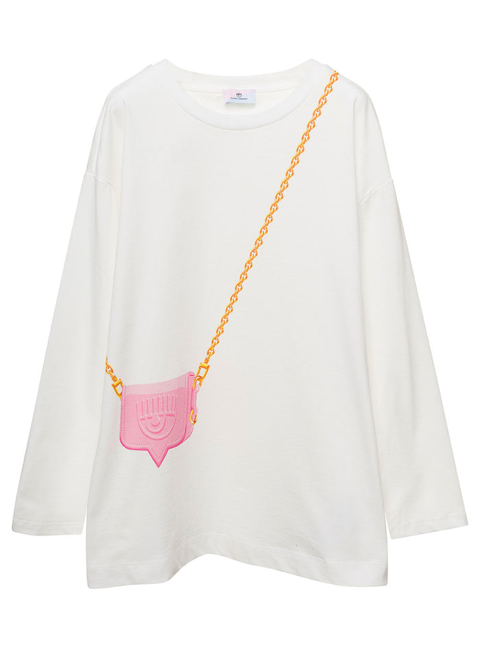 White T-Shirt With Bag Motif And Logo Print Cotton Girl Tshirts Polo Shirts
