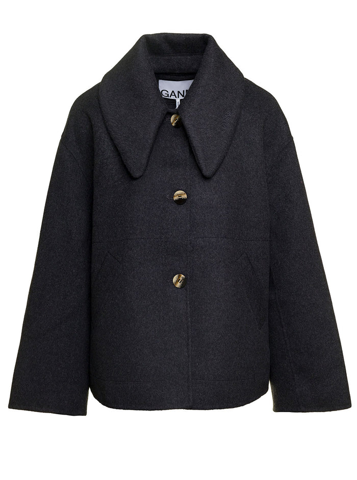 Wool Wide Collar Jacket Grey Recycled Polyester