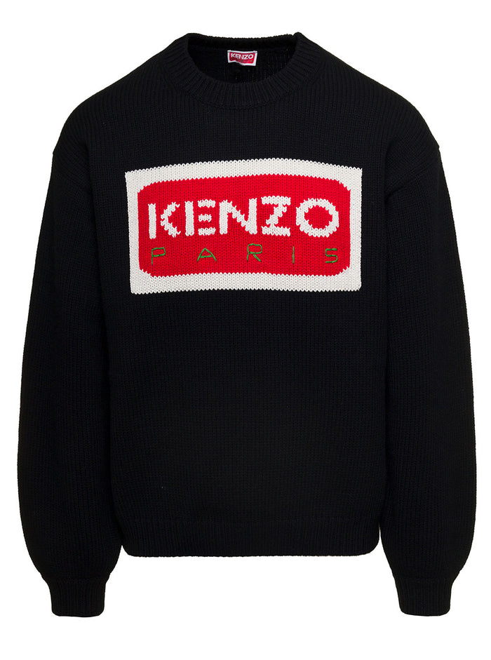 Black Long-Sleeved Sweater With Contrasting Maxi Logo Wool Man Cotton Lycra Jersey