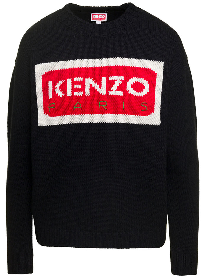 Black Long-Sleeved Sweater With Contrasting Maxi Logo Wool Woman Cotton Lycra Jersey