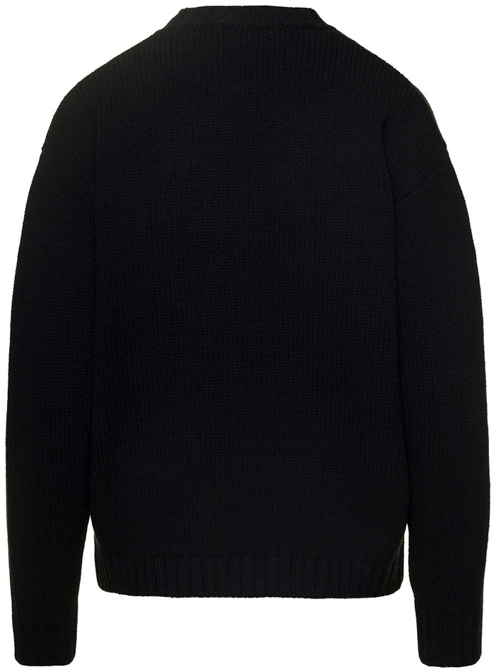 Black Long-Sleeved Sweater With Contrasting Maxi Logo Wool Woman Cotton Lycra Jersey