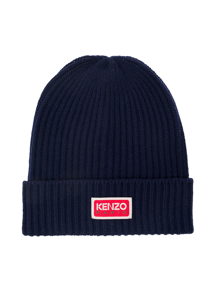 Blue Beanie With Ribbed Texture And Contrastring Logo Patch Wool Man Blu Woollycra Hats Gloves