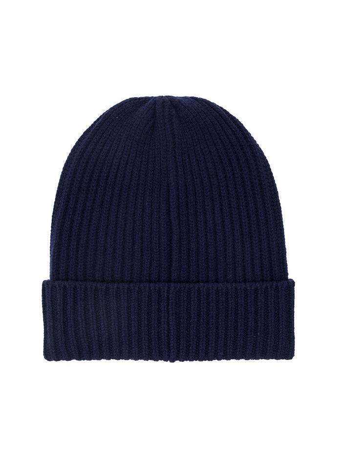 Blue Beanie With Ribbed Texture And Contrastring Logo Patch Wool Man Blu Woollycra Hats Gloves