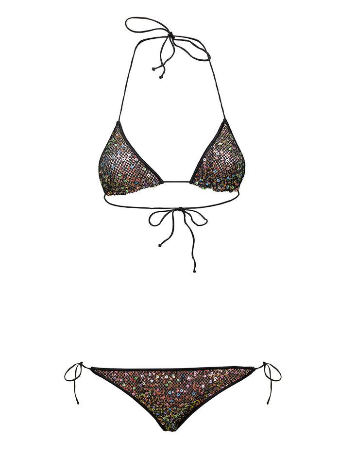 Black And Multicolored Bikini With Sequins All-Over Polyester Woman Metallic Beachwear