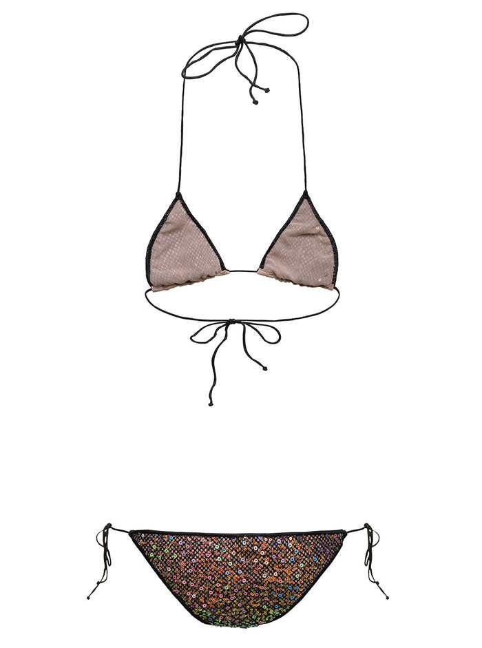 Black And Multicolored Bikini With Sequins All-Over Polyester Woman Metallic Beachwear