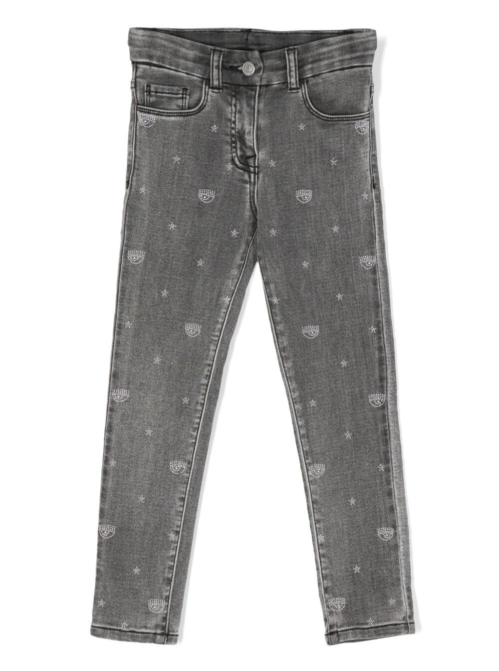 Black Straight Jeans With All-Over Strassed Logo Motif Cotton Girl Polyester Elastane
