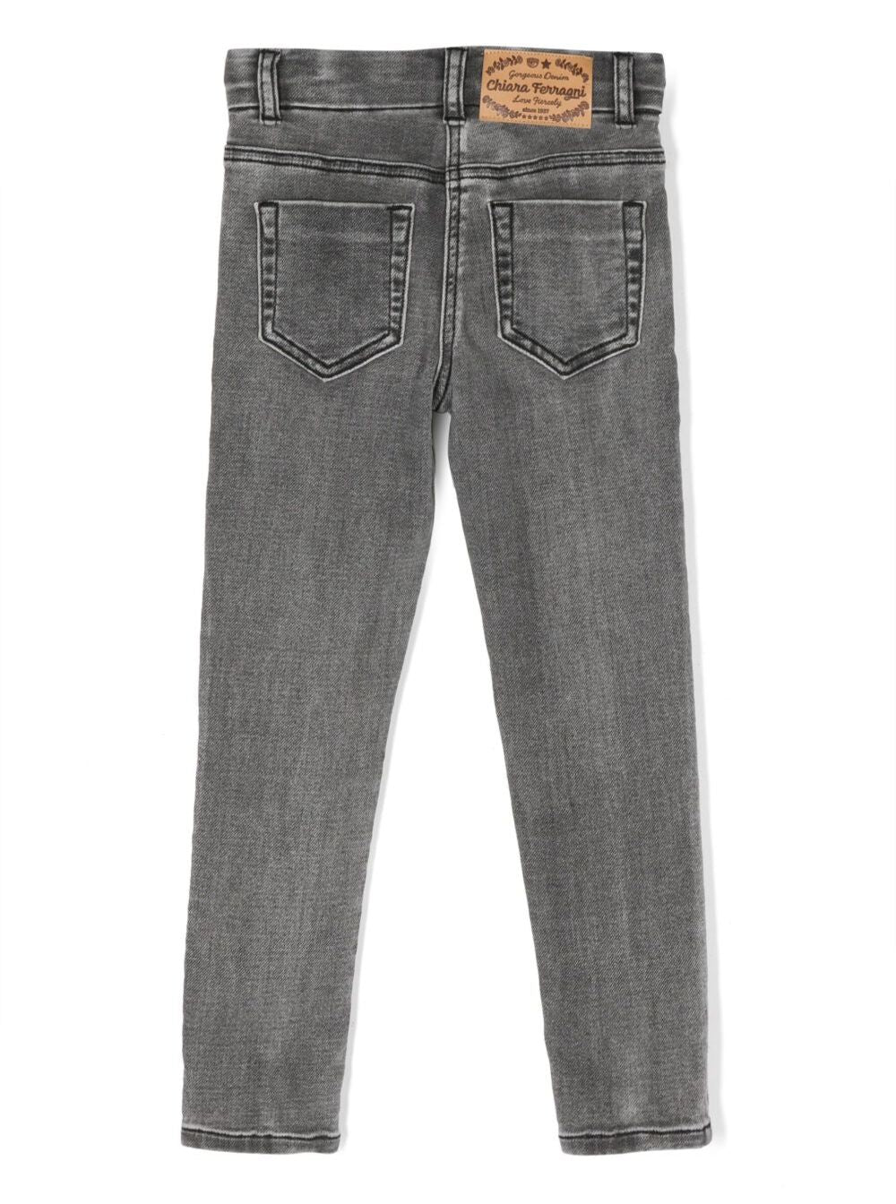 Black Straight Jeans With All-Over Strassed Logo Motif Cotton Girl Polyester Elastane