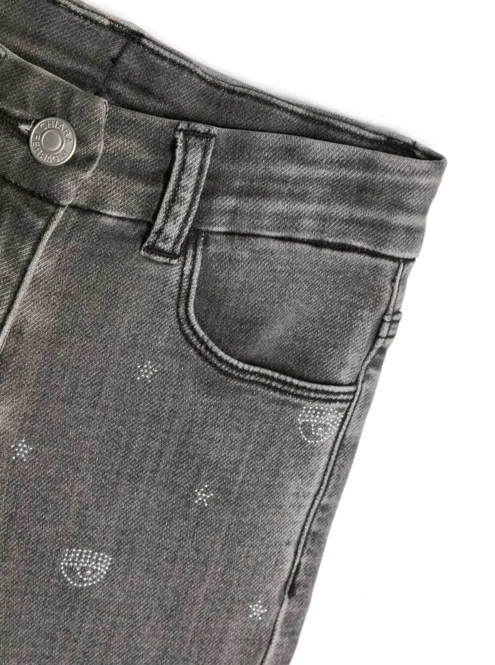 Black Straight Jeans With All-Over Strassed Logo Motif Cotton Girl Polyester Elastane