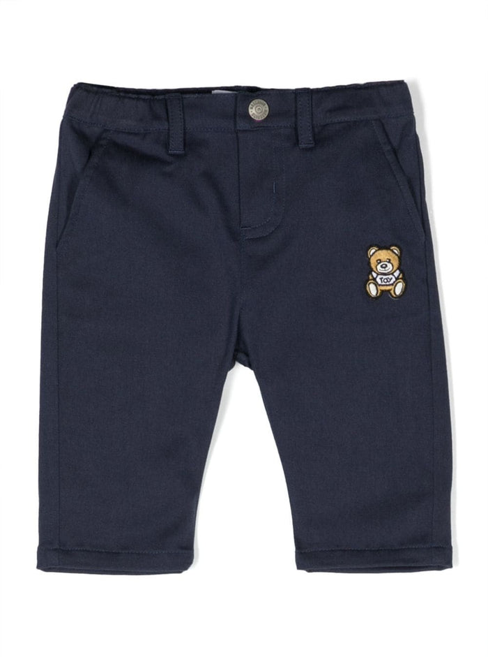 Blue Pants With Contrasting Teddy Bear Patch And Buttoned Fastening Cotton Baby Blu Elastane Trousers