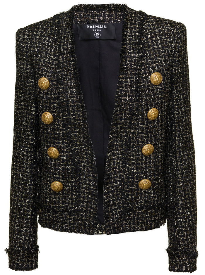 Black Jacket With Jewel Buttons Tweed Woman Blazers