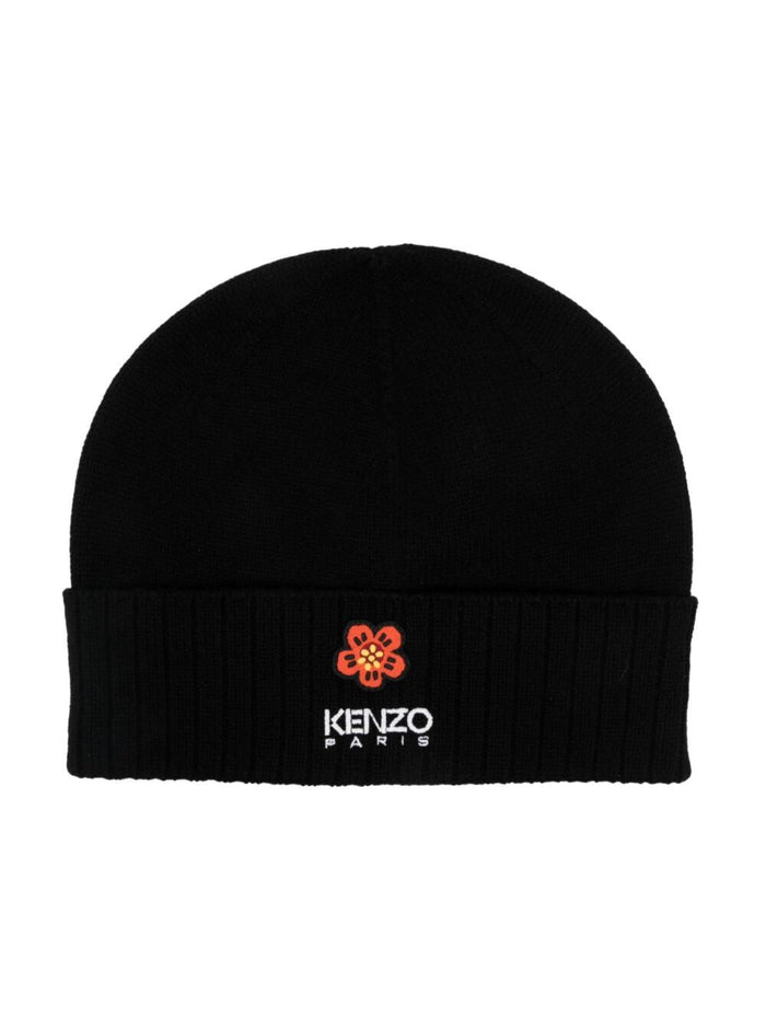Black Beanie With Ribbed Hem And Contrasting Logo Wool Man Hats Gloves
