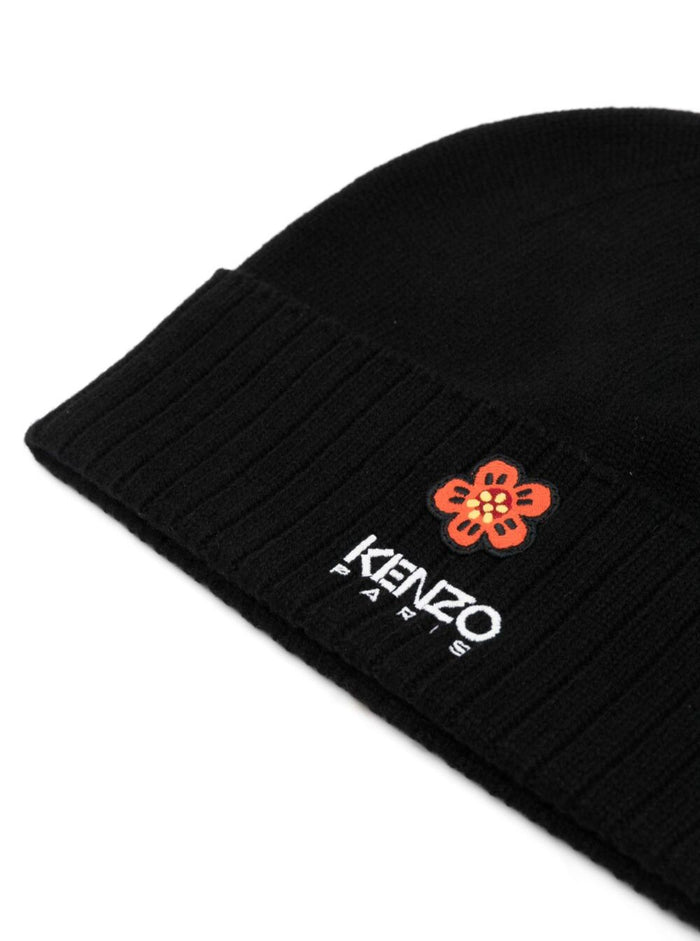 Black Beanie With Ribbed Hem And Contrasting Logo Wool Man Hats Gloves