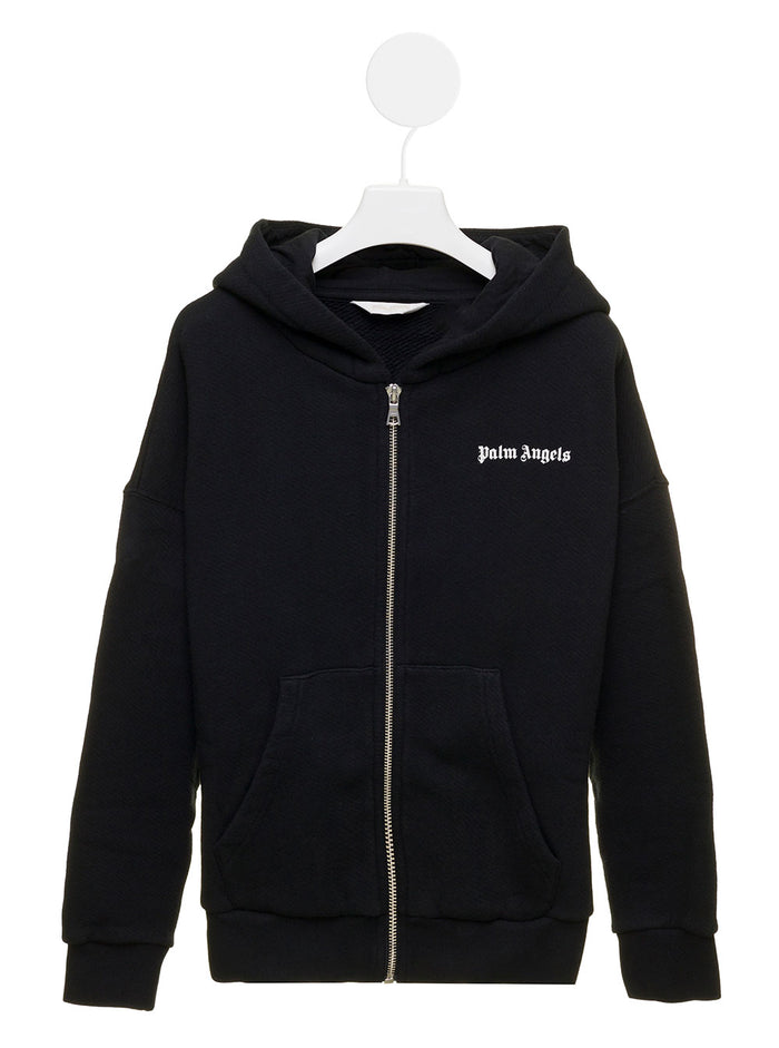 Palm Angel Kids Boys Black Hoodie With Zip And Classic Overlogo Cotton Sweatshirts
