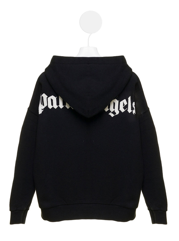 Palm Angel Kids Boys Black Hoodie With Zip And Classic Overlogo Cotton Sweatshirts