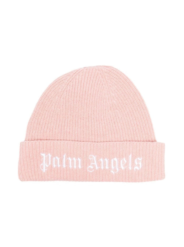 Knit Beanie With Embroidered Logo Pink Wool Blend Girl Hats And Gloves