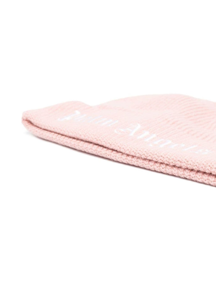 Knit Beanie With Embroidered Logo Pink Wool Blend Girl Hats And Gloves