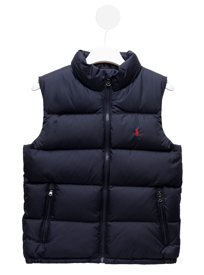 Black Quilted Vest With Logo Embroidery Nylon Boy Blu Polyester (recycled) Down Jackets