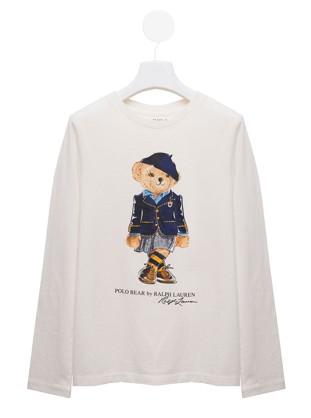 Long-Sleeved White Cotton T-Shirt With Bear Print Polo Ralph Lauren Girl Jersey
