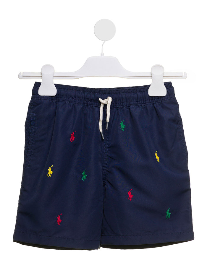 Polo Ralph Lauren Kids Boys Blue Nylon Swim Shorts With Multicolor Allover Logo Blu Recycled Polyester Beachwear