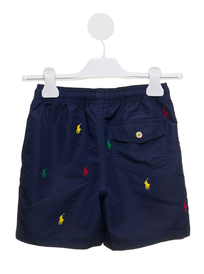 Polo Ralph Lauren Kids Boys Blue Nylon Swim Shorts With Multicolor Allover Logo Blu Recycled Polyester Beachwear