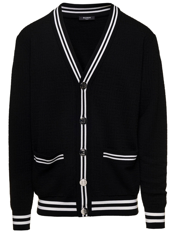 Black Cardigan With Striped Trim And Branded Buttons Wool Blend Man Jersey