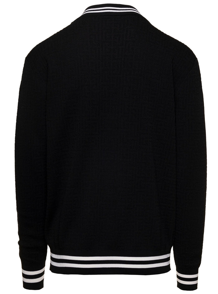 Black Cardigan With Striped Trim And Branded Buttons Wool Blend Man Jersey