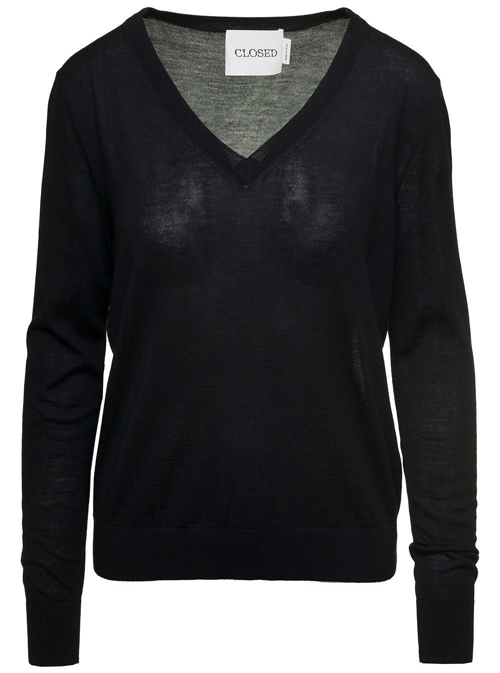 Black Pullover With V Neckline And Long Sleeves Wool Woman Organic Jersey
