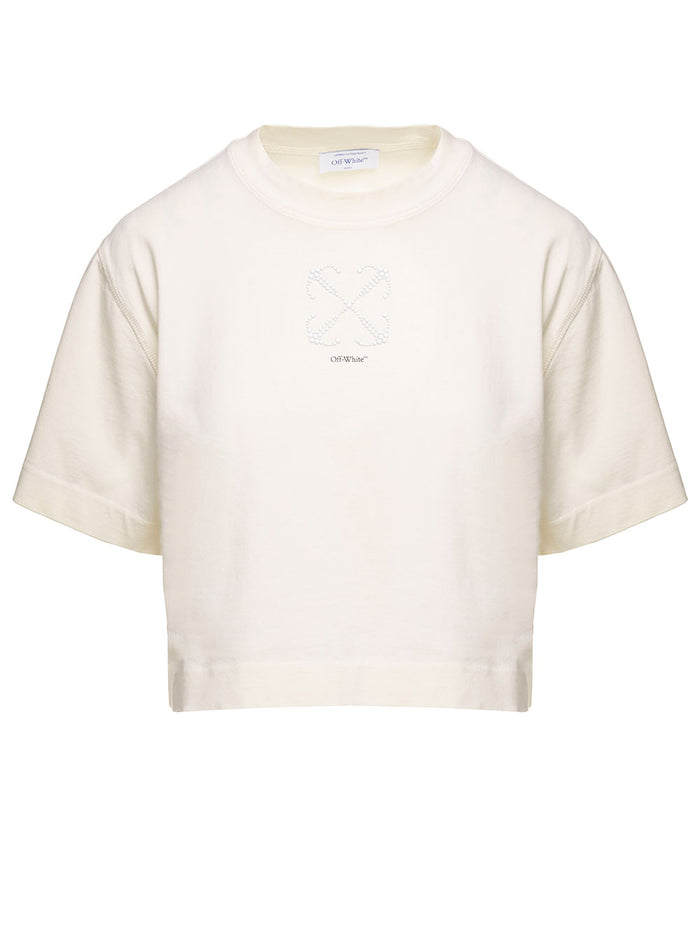 Small Arrow Pearls Crop Tee Beige Bla White Cotton Tshirts And Polo Shirts